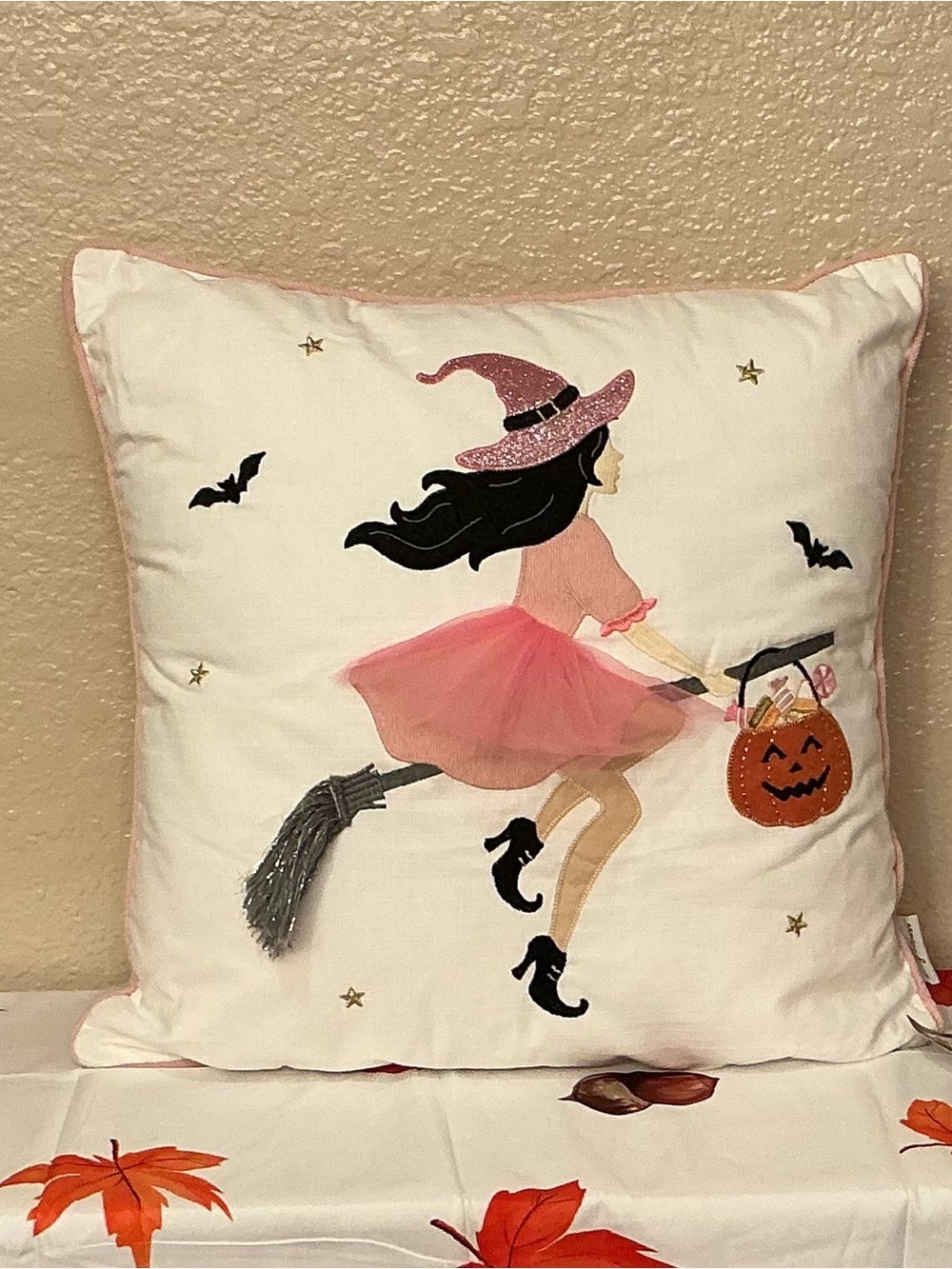 Pink Witch on a Broom Throw Pillow